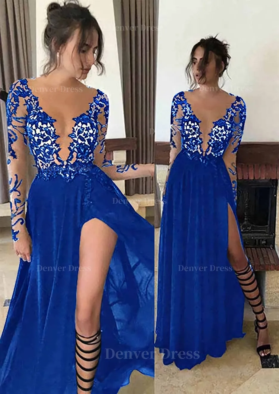 Chiffon Long/Floor-Length A-Line/Princess Full/Long Sleeve Bateau Zipper Up At Side Prom Dress With Appliqued