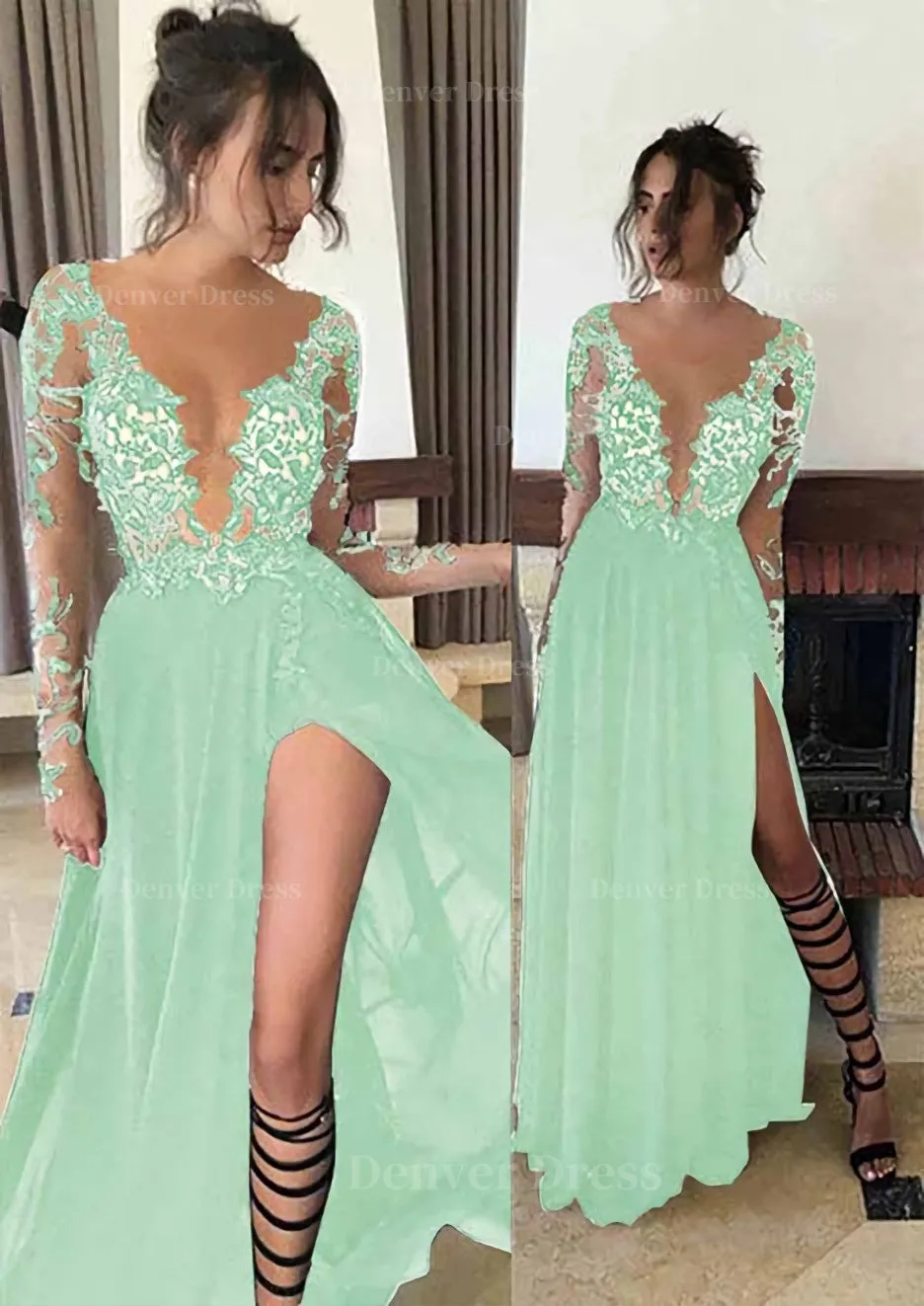 Chiffon Long/Floor-Length A-Line/Princess Full/Long Sleeve Bateau Zipper Up At Side Prom Dress With Appliqued