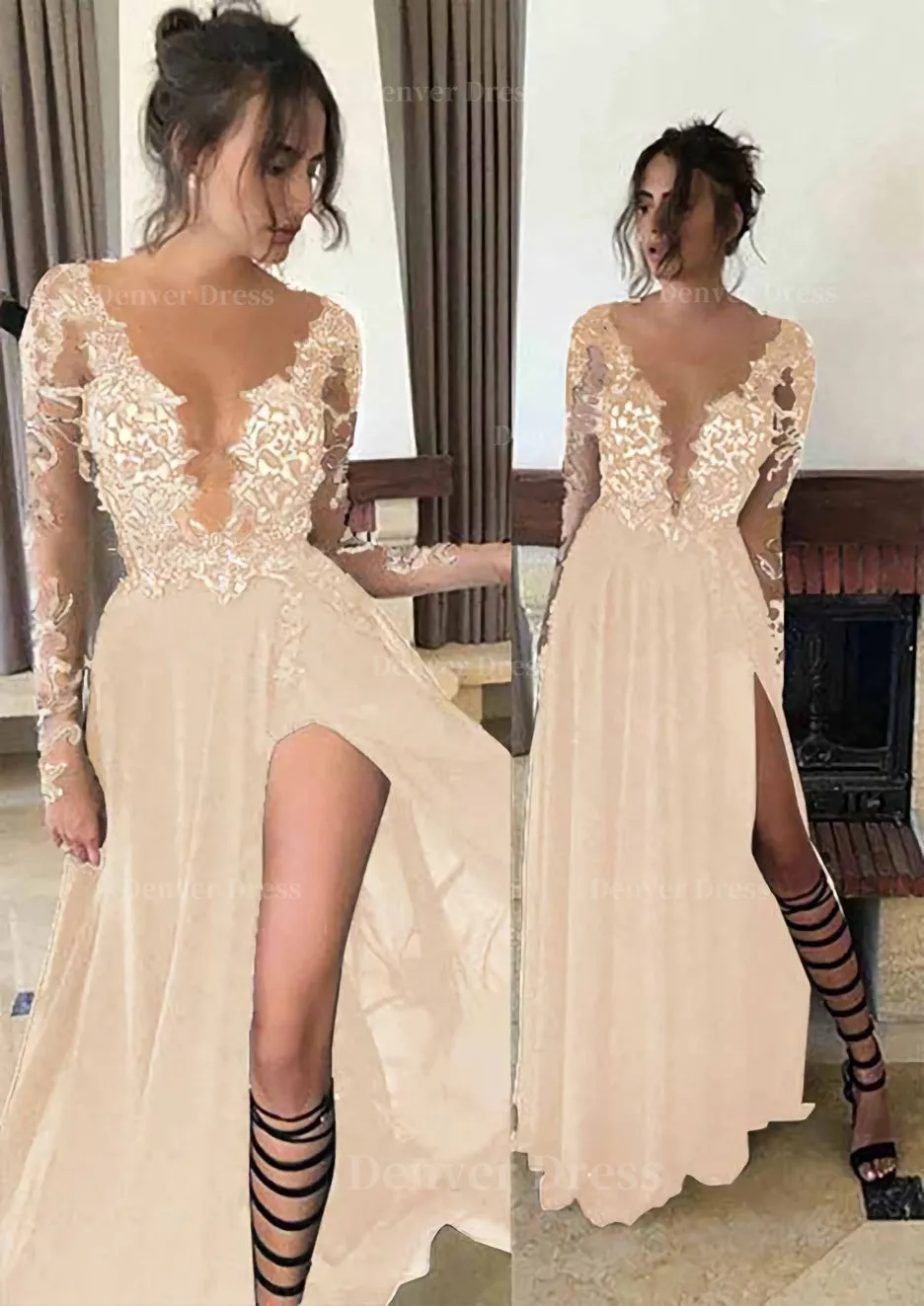Chiffon Long/Floor-Length A-Line/Princess Full/Long Sleeve Bateau Zipper Up At Side Prom Dress With Appliqued