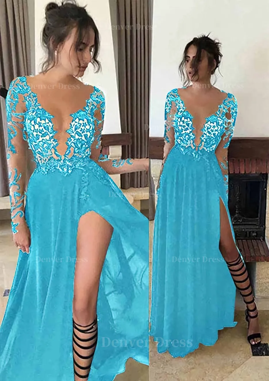 Chiffon Long/Floor-Length A-Line/Princess Full/Long Sleeve Bateau Zipper Up At Side Prom Dress With Appliqued