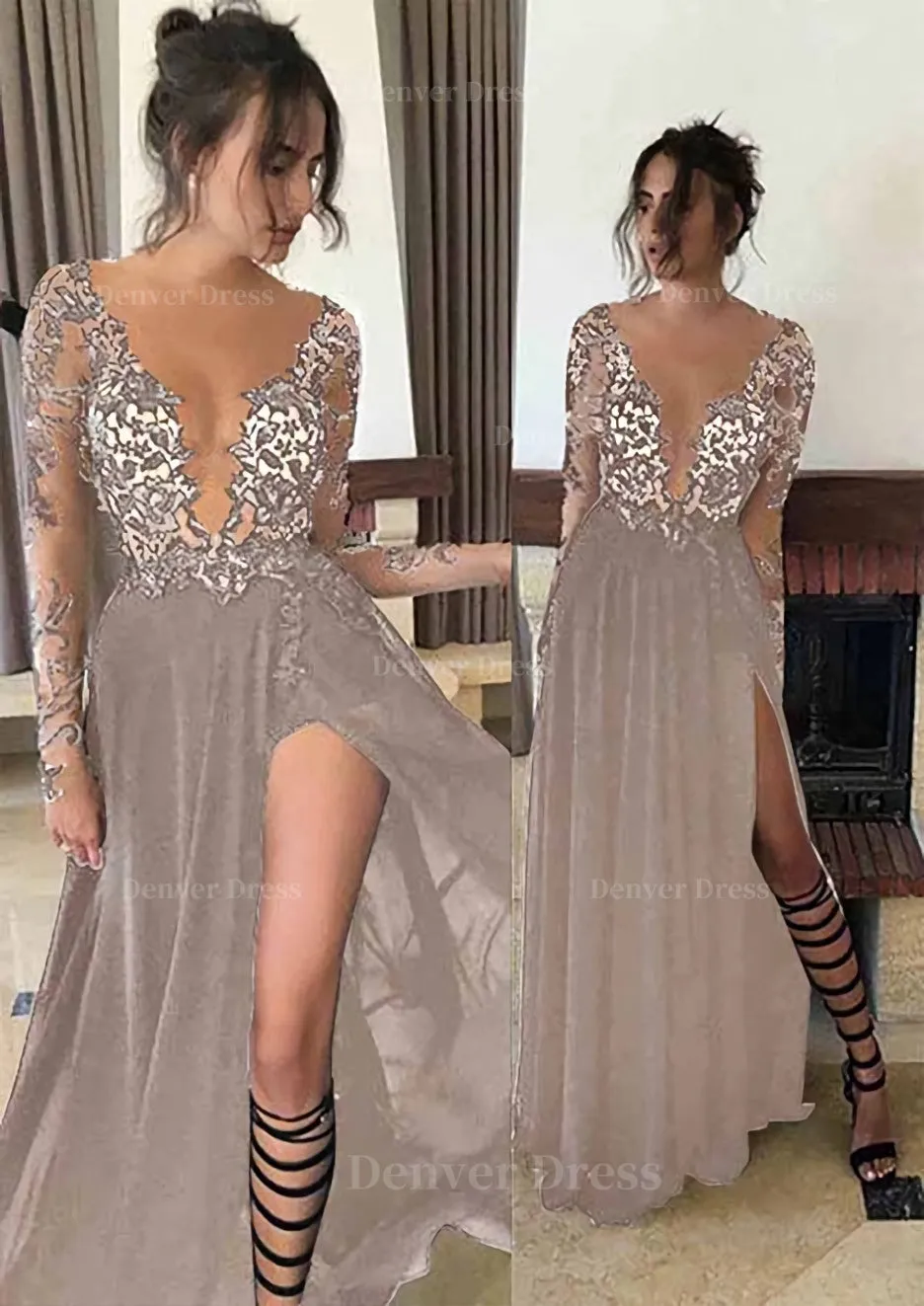 Chiffon Long/Floor-Length A-Line/Princess Full/Long Sleeve Bateau Zipper Up At Side Prom Dress With Appliqued