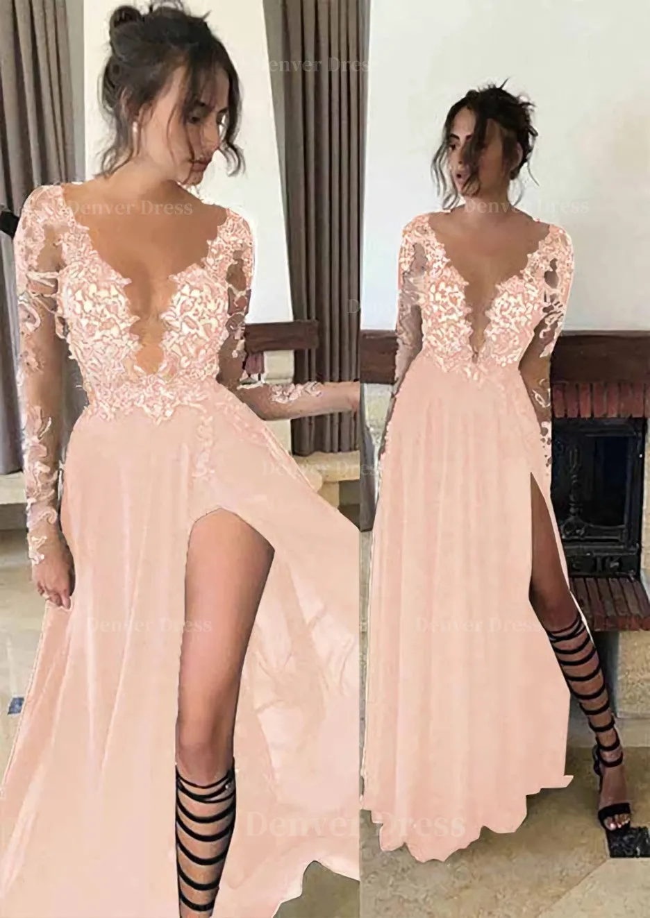 Chiffon Long/Floor-Length A-Line/Princess Full/Long Sleeve Bateau Zipper Up At Side Prom Dress With Appliqued