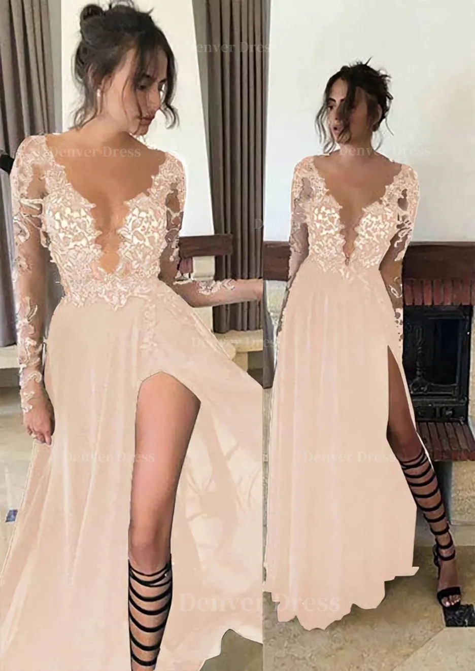 Chiffon Long/Floor-Length A-Line/Princess Full/Long Sleeve Bateau Zipper Up At Side Prom Dress With Appliqued