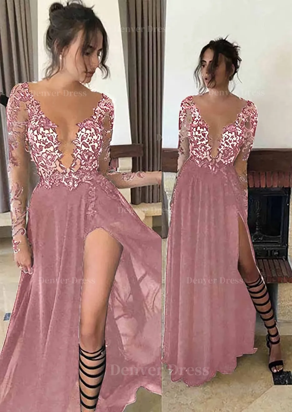 Chiffon Long/Floor-Length A-Line/Princess Full/Long Sleeve Bateau Zipper Up At Side Prom Dress With Appliqued