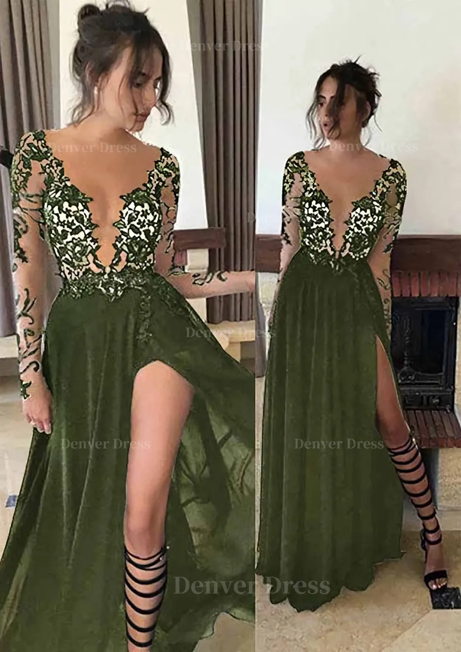 Chiffon Long/Floor-Length A-Line/Princess Full/Long Sleeve Bateau Zipper Up At Side Prom Dress With Appliqued