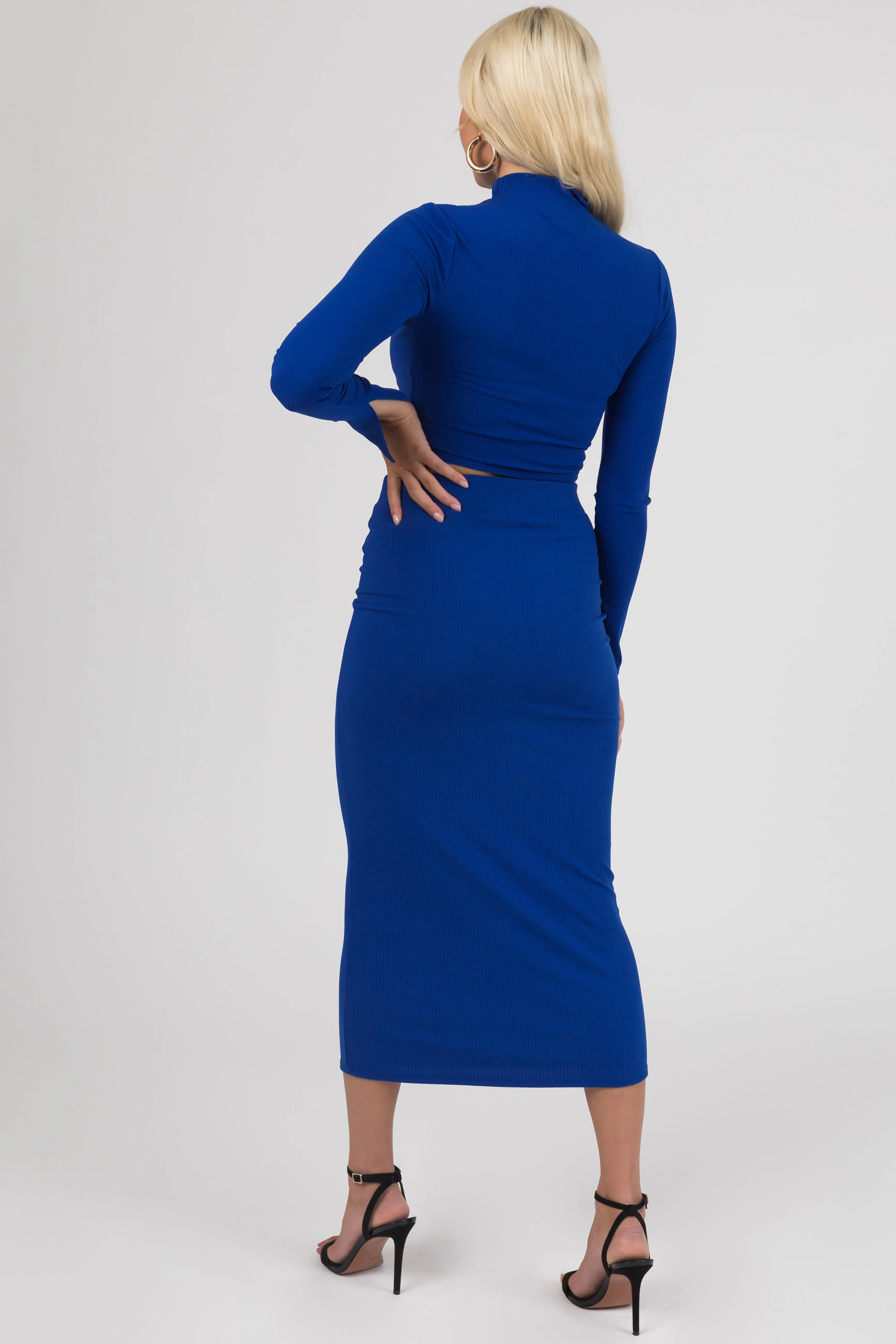 Cobalt Blue Ribbed Mock Neck Top and Maxi Skirt Set