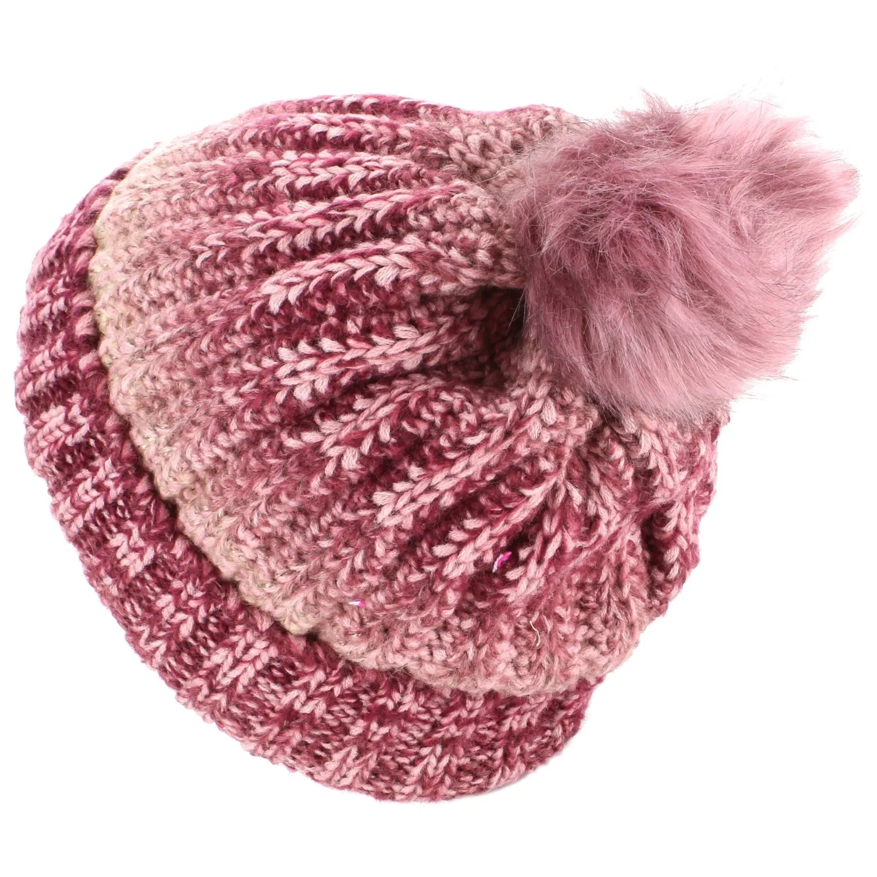 Colour Fade Bobble Beanie Hat with Faux Fur Pom - Pink
