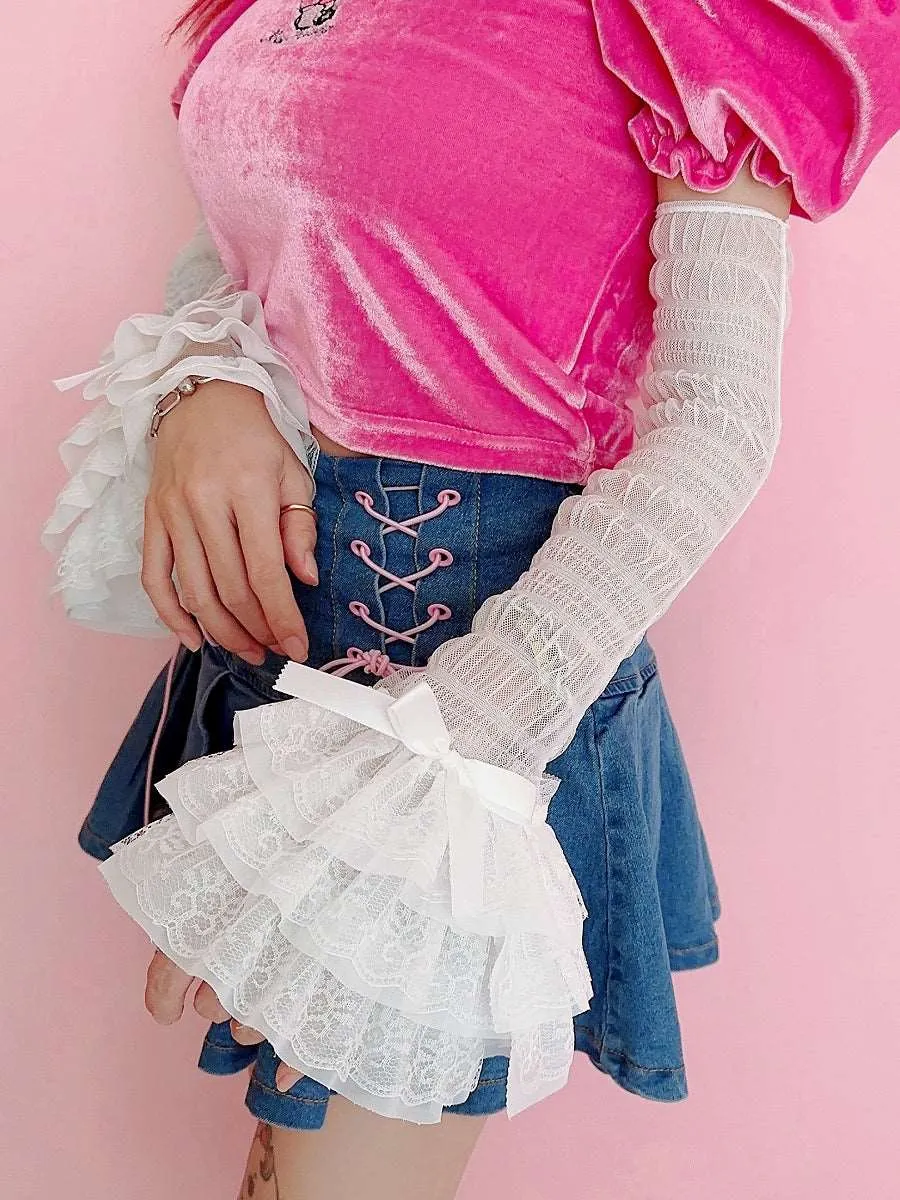 Coquette EGL Ruffled Lace White Bow Arm Warmers Leg Warmers