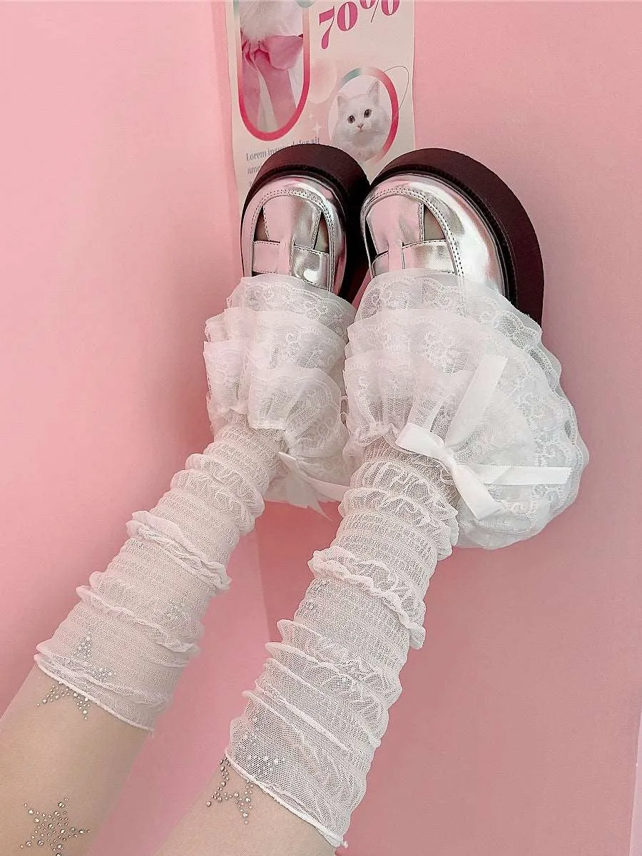 Coquette EGL Ruffled Lace White Bow Arm Warmers Leg Warmers