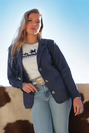 Cruel Girl Women's Navy Blazer with Concho Buttons & Fringe Detail