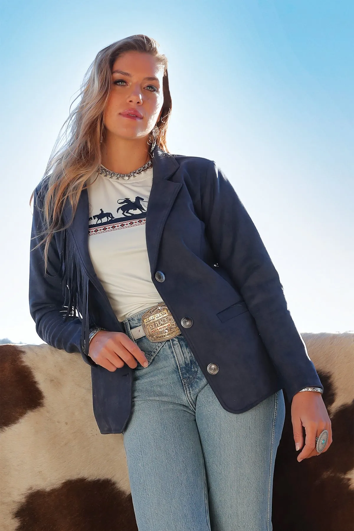 Cruel Girl Women's Navy Blazer with Concho Buttons & Fringe Detail