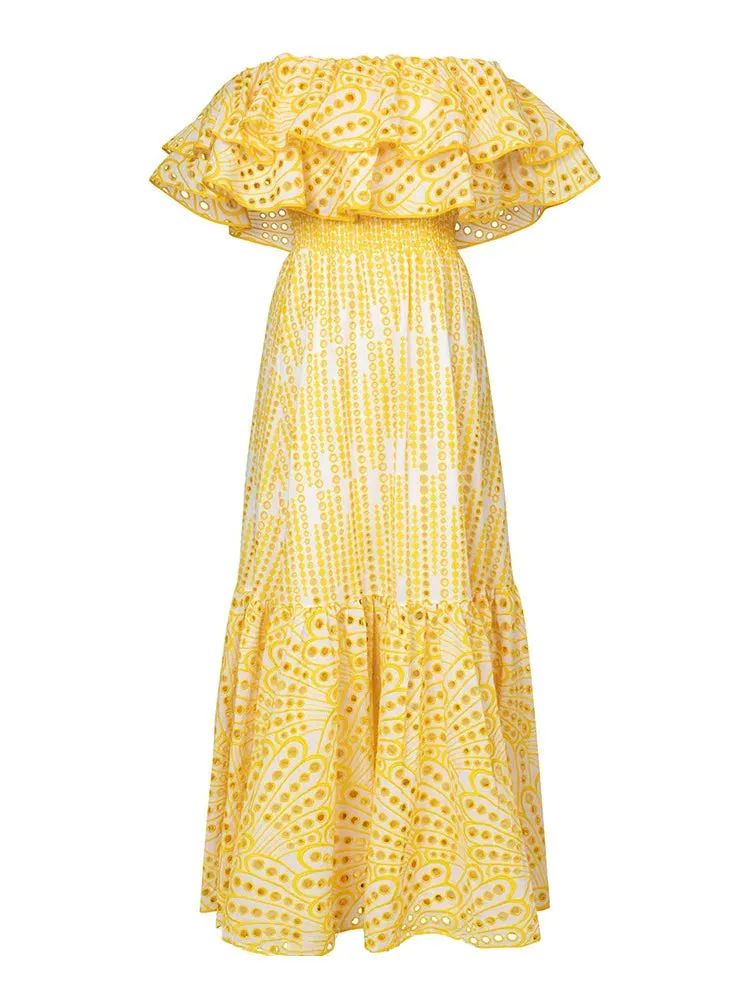 Elegant Slash Neck Dresses Women Butterfly Sleeve High Waist Spliced Ruffles Pullover Dress Femlae Fashion 2023 Clothes 2023