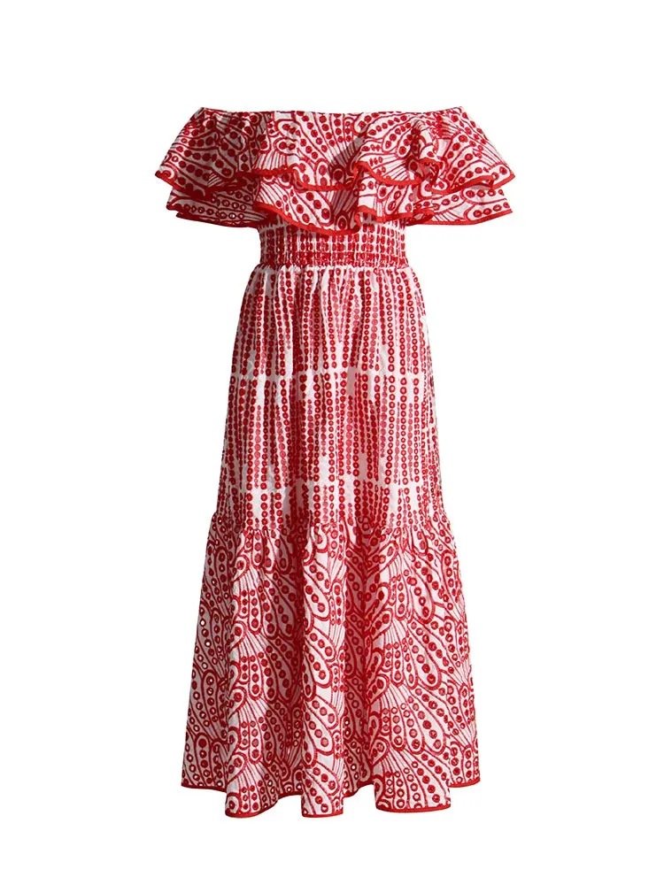 Elegant Slash Neck Dresses Women Butterfly Sleeve High Waist Spliced Ruffles Pullover Dress Femlae Fashion 2023 Clothes 2023