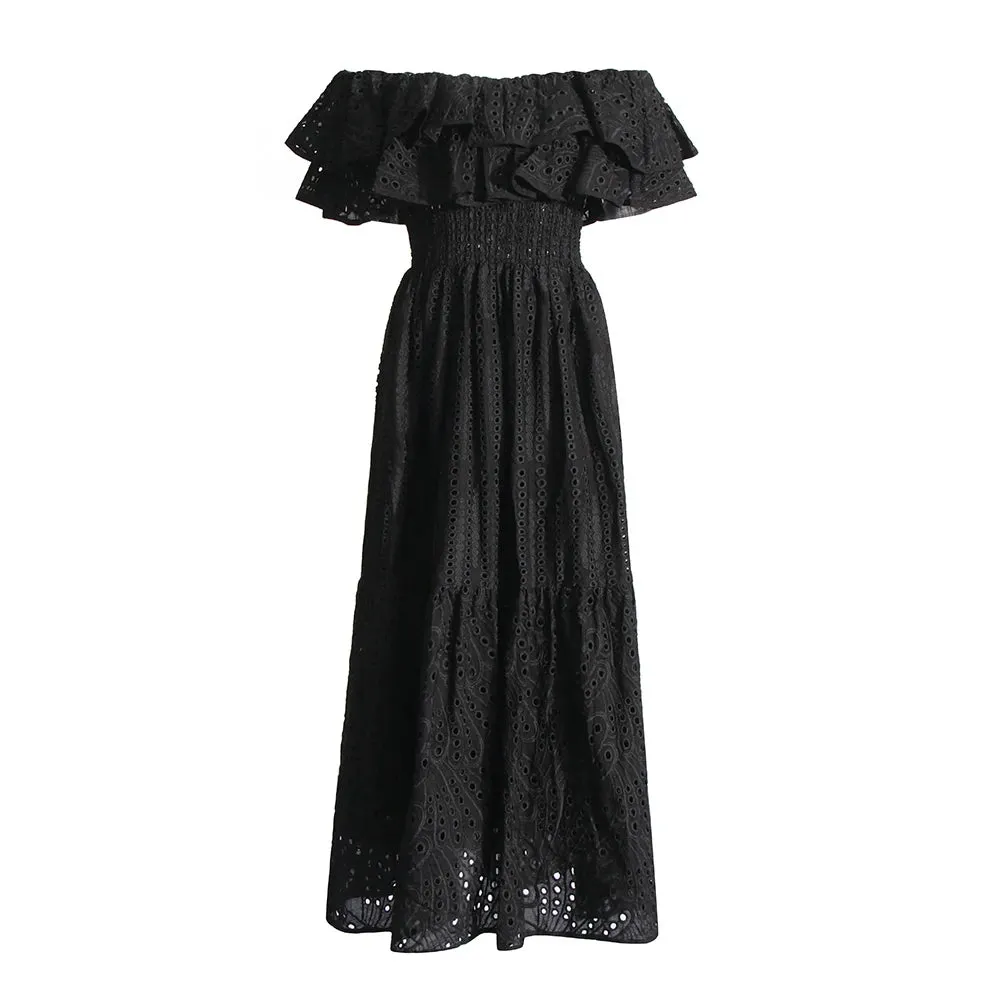Elegant Slash Neck Dresses Women Butterfly Sleeve High Waist Spliced Ruffles Pullover Dress Femlae Fashion 2023 Clothes 2023