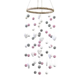Felt Ball & Heart Nursery Mobile- Light Pink, Gray- LARGE