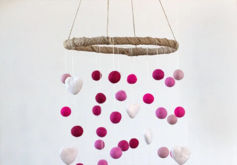Felt Ball & Heart Nursery Mobile- Shades of Pink- LARGE