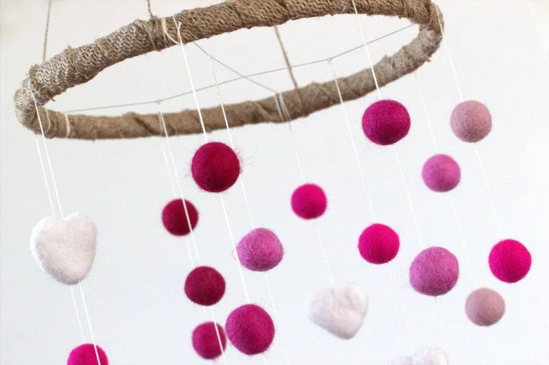 Felt Ball & Heart Nursery Mobile- Shades of Pink- LARGE