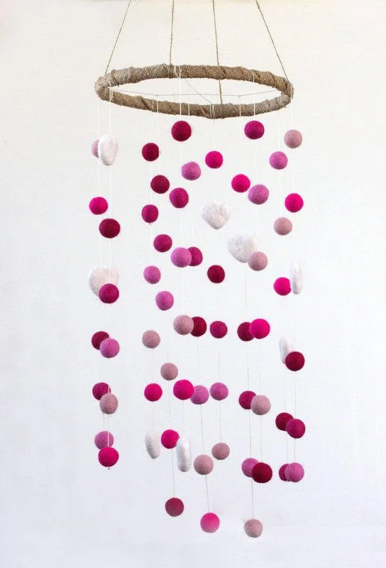 Felt Ball & Heart Nursery Mobile- Shades of Pink- LARGE