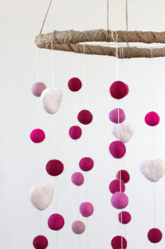 Felt Ball & Heart Nursery Mobile- Shades of Pink- LARGE