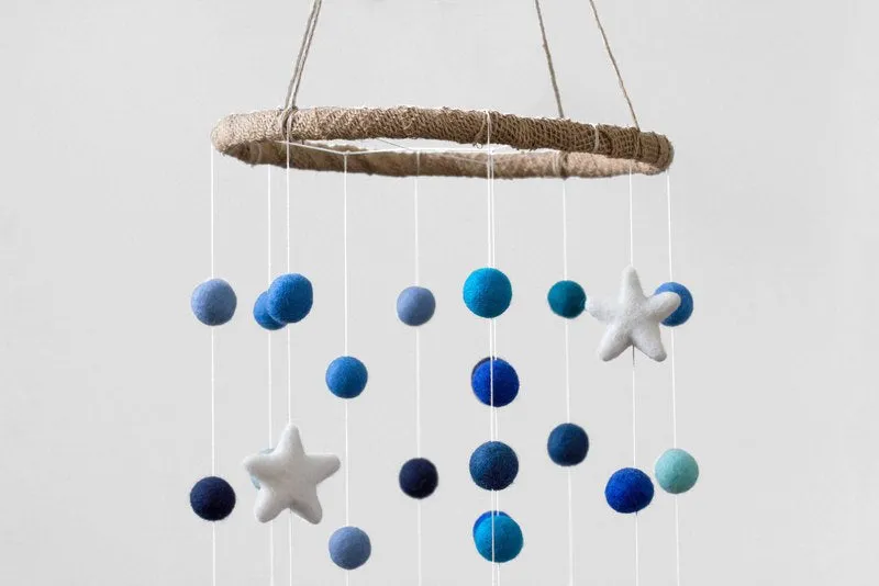 Felt Ball & Star Nursery Mobile- Shades of Blue- LARGE