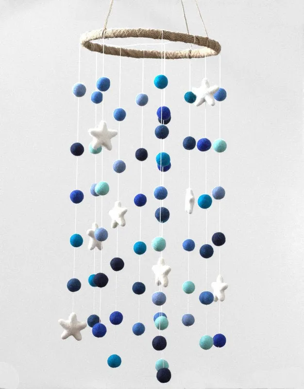 Felt Ball & Star Nursery Mobile- Shades of Blue- LARGE