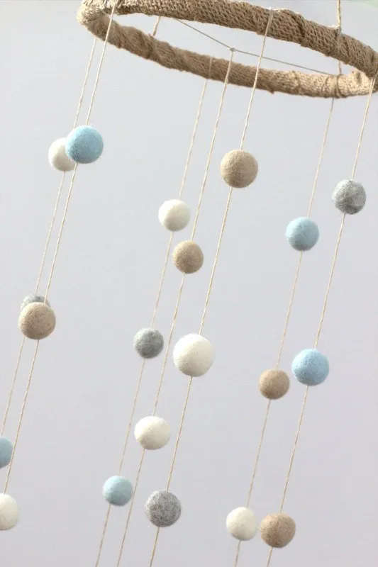 Felt Ball Nursery Mobile- Blue, Gray, Almond, White- Small
