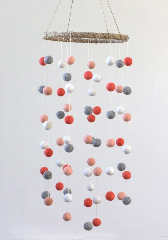 Felt Ball Nursery Mobile- Coral, Peach, Gray- LARGE