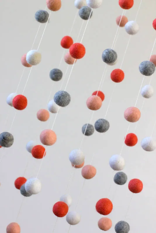 Felt Ball Nursery Mobile- Coral, Peach, Gray- LARGE