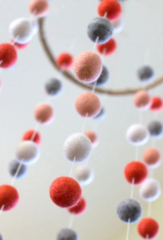 Felt Ball Nursery Mobile- Coral, Peach, Gray- LARGE