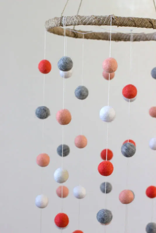 Felt Ball Nursery Mobile- Coral, Peach, Gray- LARGE