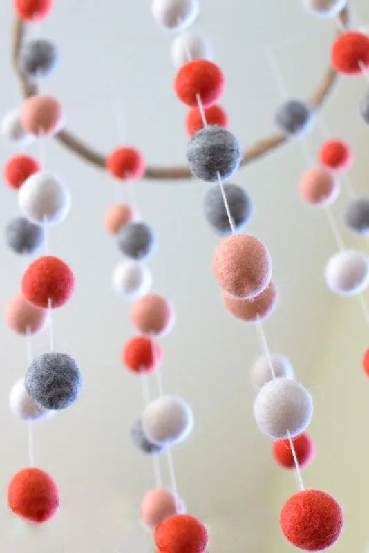 Felt Ball Nursery Mobile- Coral, Peach, Gray- LARGE