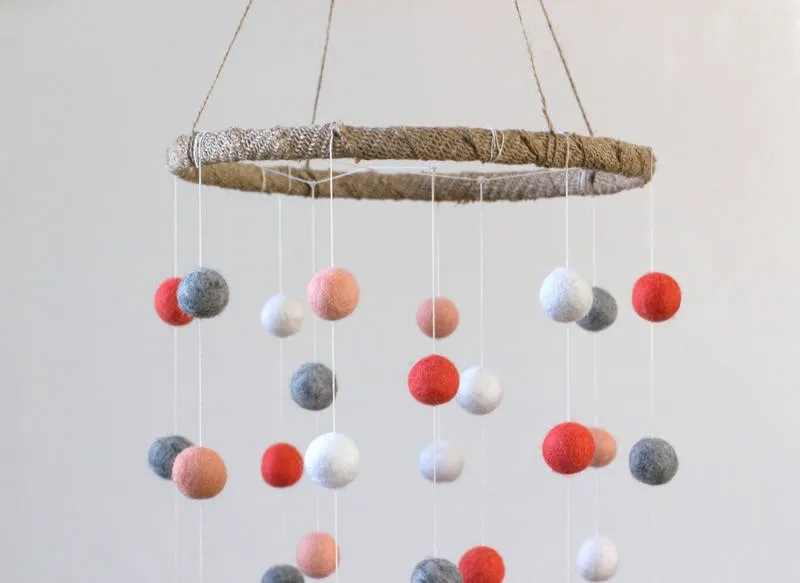 Felt Ball Nursery Mobile- Coral, Peach, Gray- LARGE