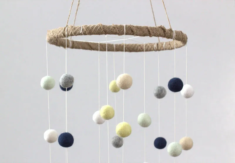 Felt Ball Nursery Mobile- Navy, Yellow, Seafoam- LARGE