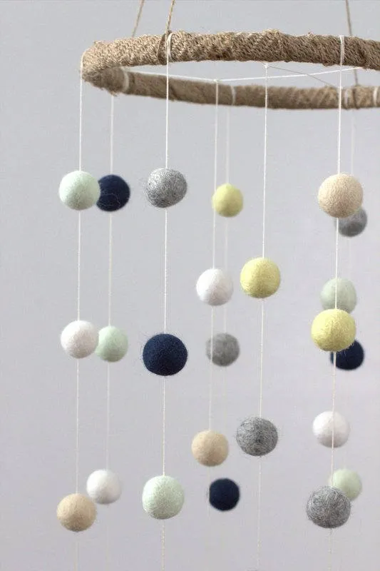 Felt Ball Nursery Mobile- Navy, Yellow, Seafoam- LARGE