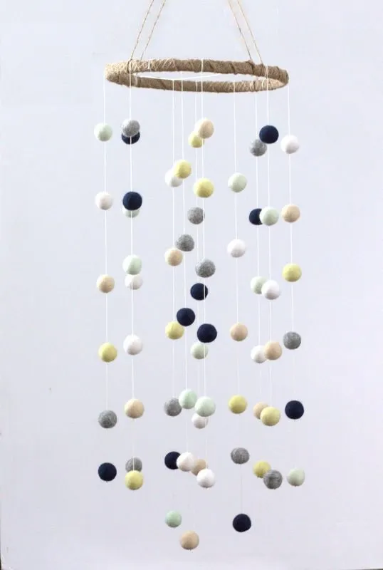 Felt Ball Nursery Mobile- Navy, Yellow, Seafoam- LARGE