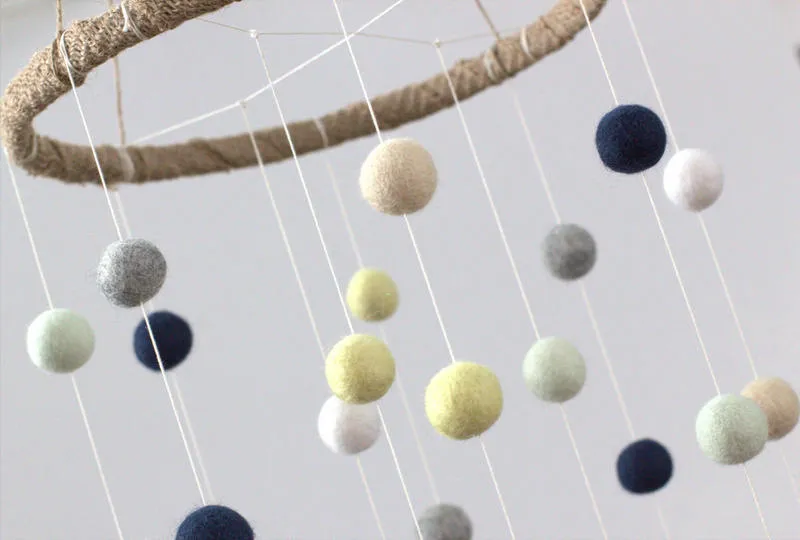 Felt Ball Nursery Mobile- Navy, Yellow, Seafoam- LARGE