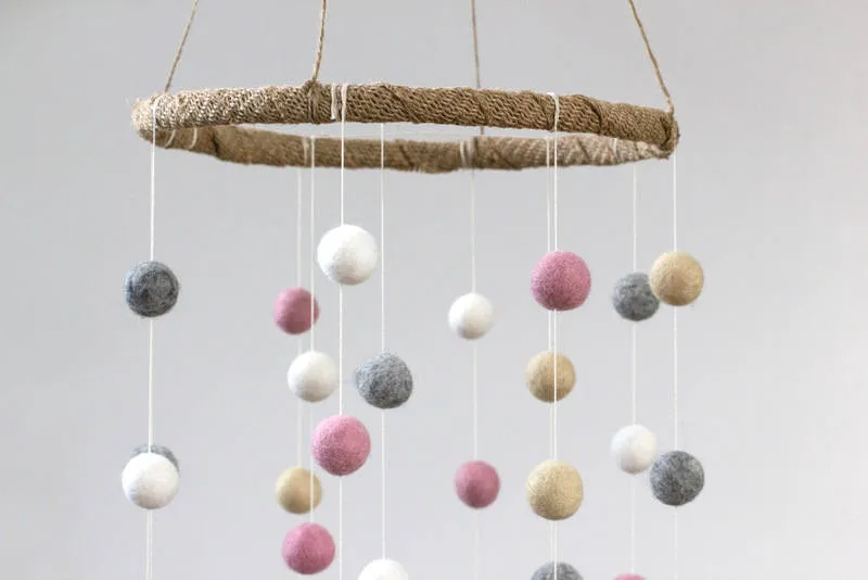 Felt Ball Nursery Mobile- Pink, Gray, Almond- LARGE