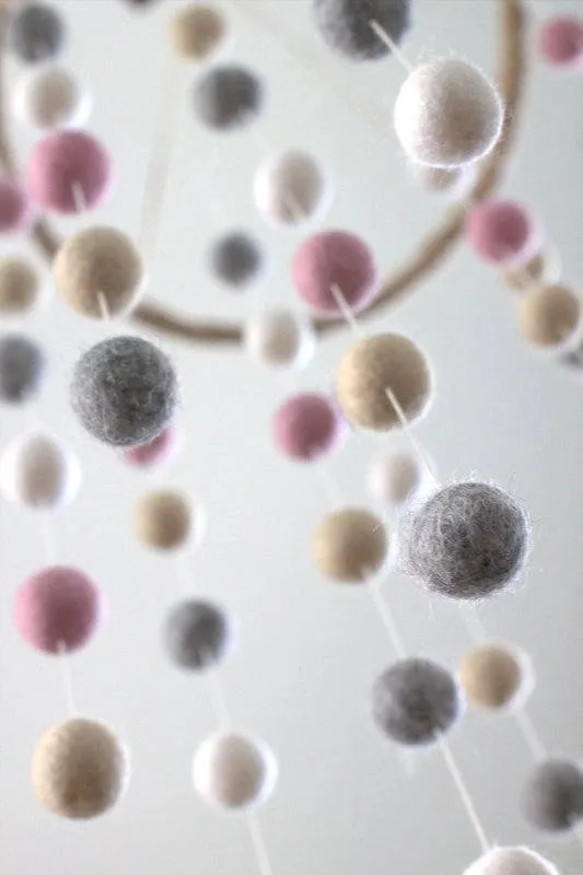 Felt Ball Nursery Mobile- Pink, Gray, Almond- LARGE