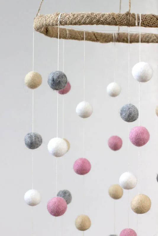 Felt Ball Nursery Mobile- Pink, Gray, Almond- LARGE