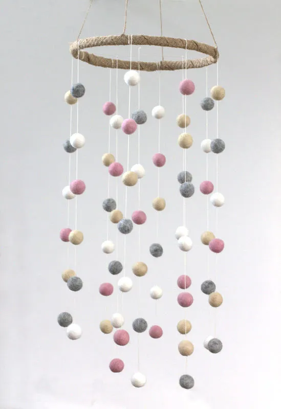Felt Ball Nursery Mobile- Pink, Gray, Almond- LARGE