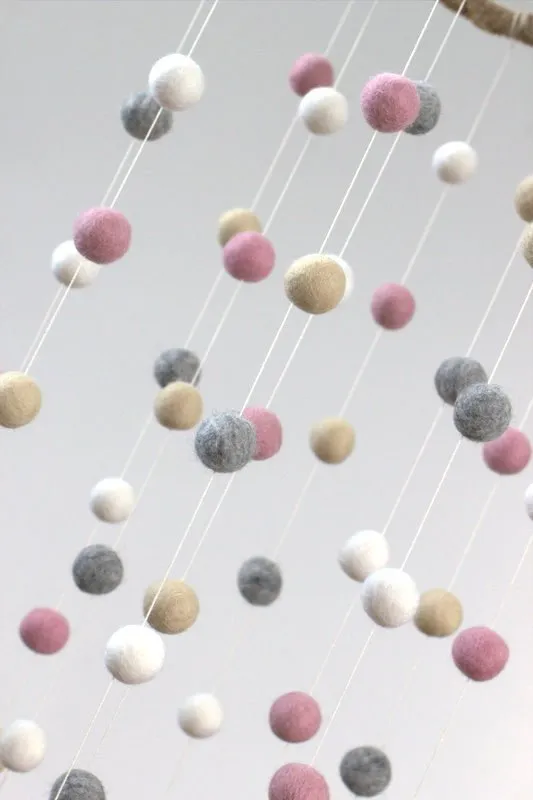 Felt Ball Nursery Mobile- Pink, Gray, Almond- LARGE