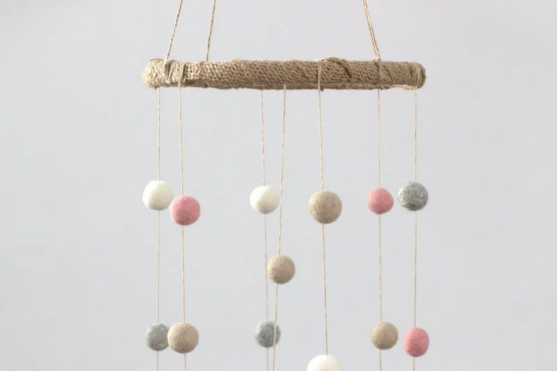 Felt Ball Nursery Mobile- Pink, Gray, Almond, White- Small