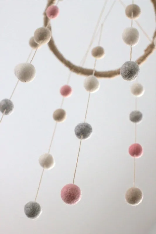 Felt Ball Nursery Mobile- Pink, Gray, Almond, White- Small