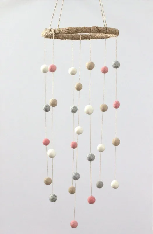 Felt Ball Nursery Mobile- Pink, Gray, Almond, White- Small