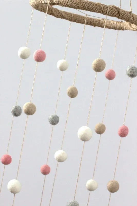 Felt Ball Nursery Mobile- Pink, Gray, Almond, White- Small