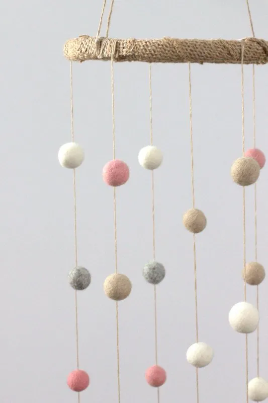 Felt Ball Nursery Mobile- Pink, Gray, Almond, White- Small