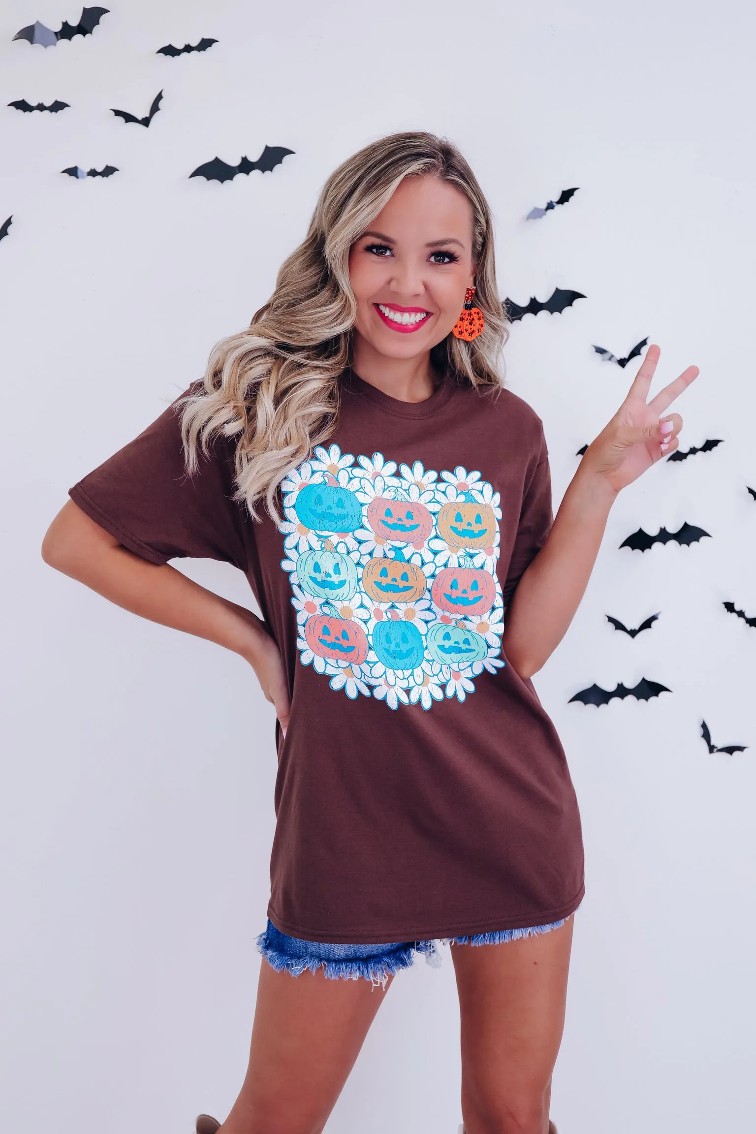 Field Of Pumpkins Floral Graphic Tee - Brown