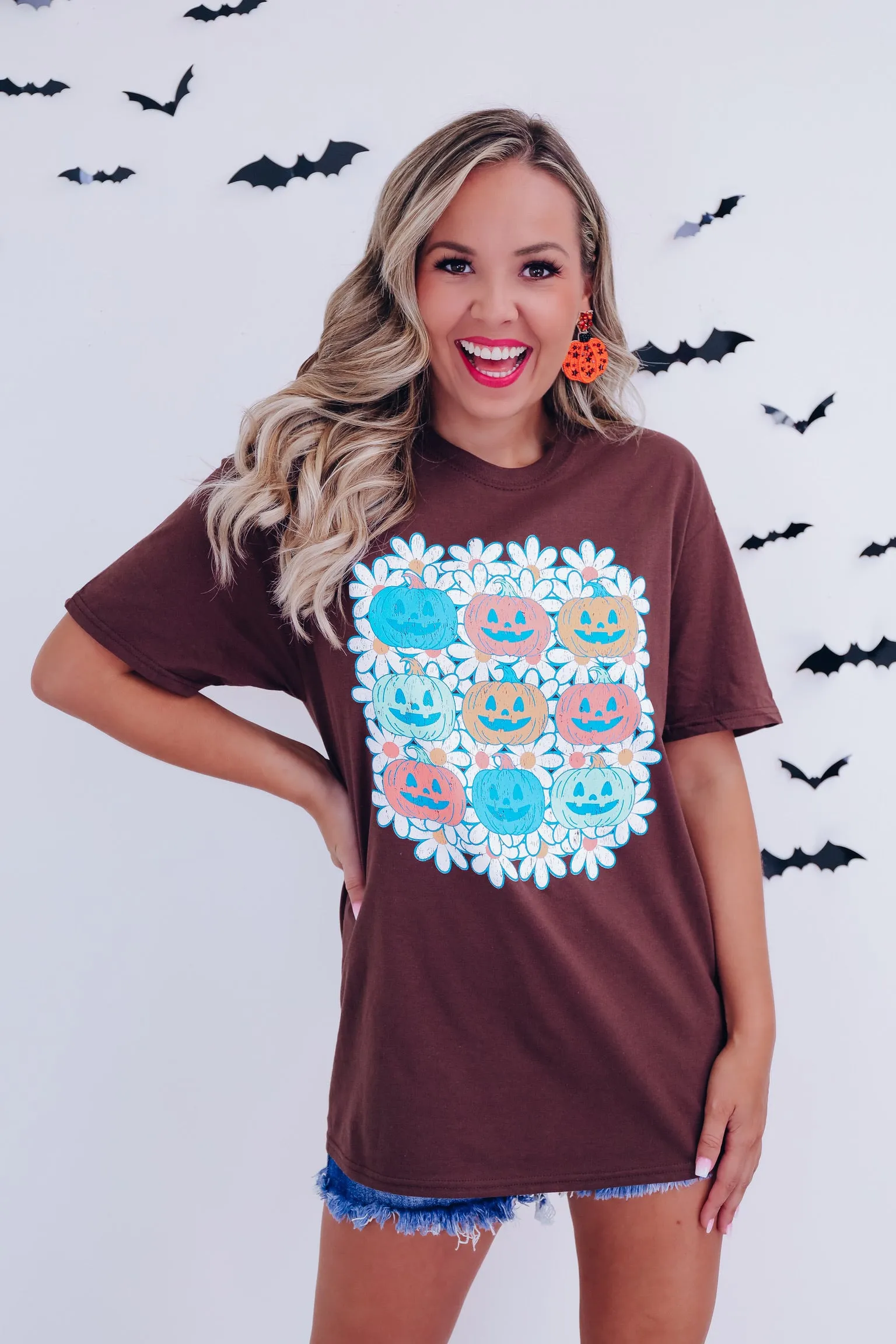 Field Of Pumpkins Floral Graphic Tee - Brown
