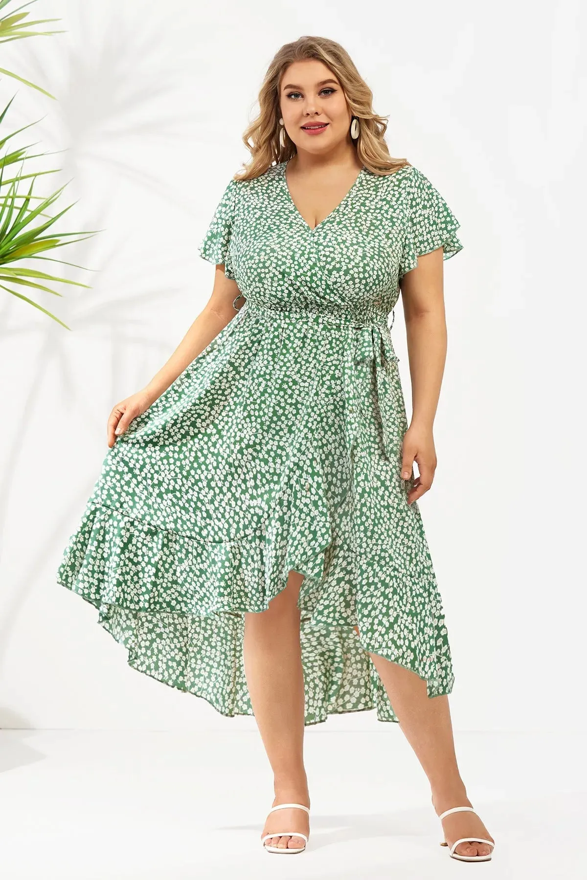 Floral Flutter Sleeves Wrap Midi Dress