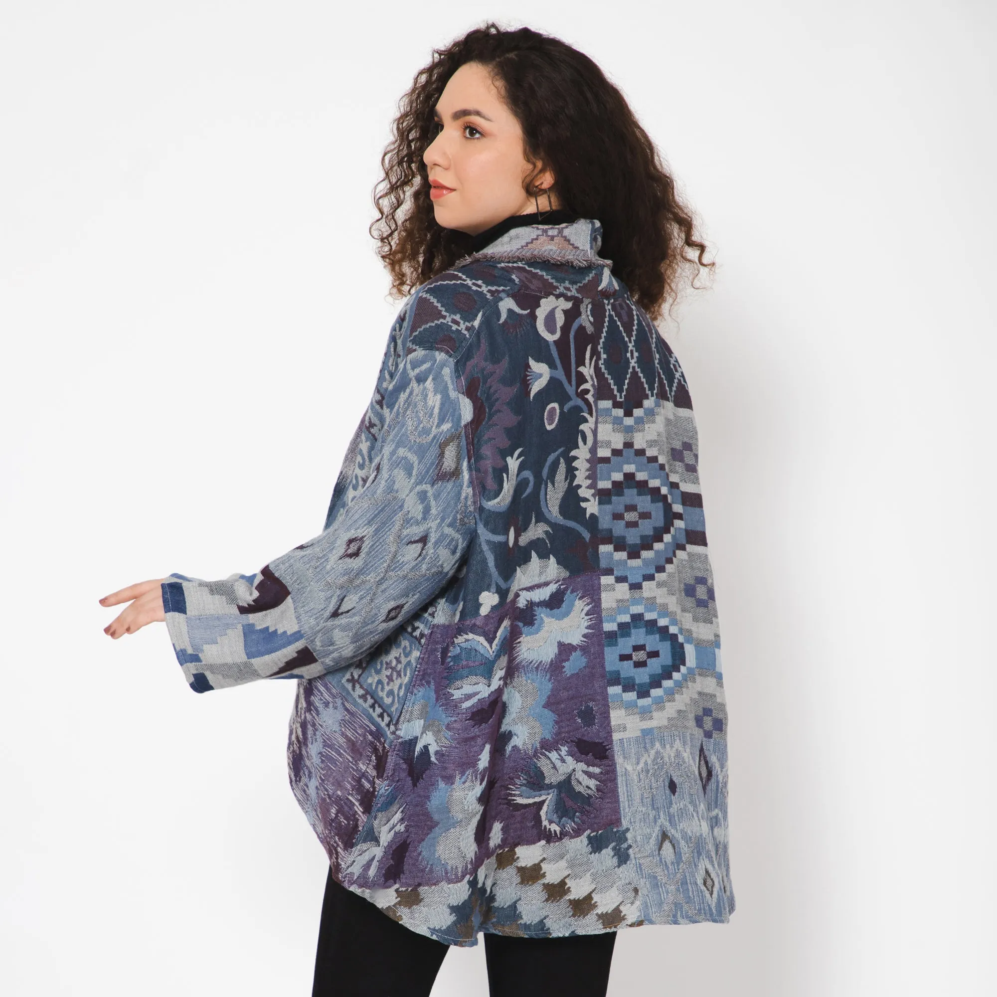 Floral Geo Poncho Jacket - Blue Brown